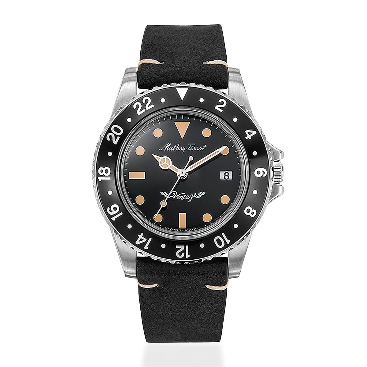MATHEY TISSOT Mathey Vintage Quartz Ronda 505 Movt 10ATM WR Black Dial Mens Watch with a Brown Leather Strap
