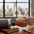 MATHEY TISSOT Mathey Vintage Quartz Ronda 505 Movt 10ATM WR Black Dial Mens Watch with a Brown Leather Strap