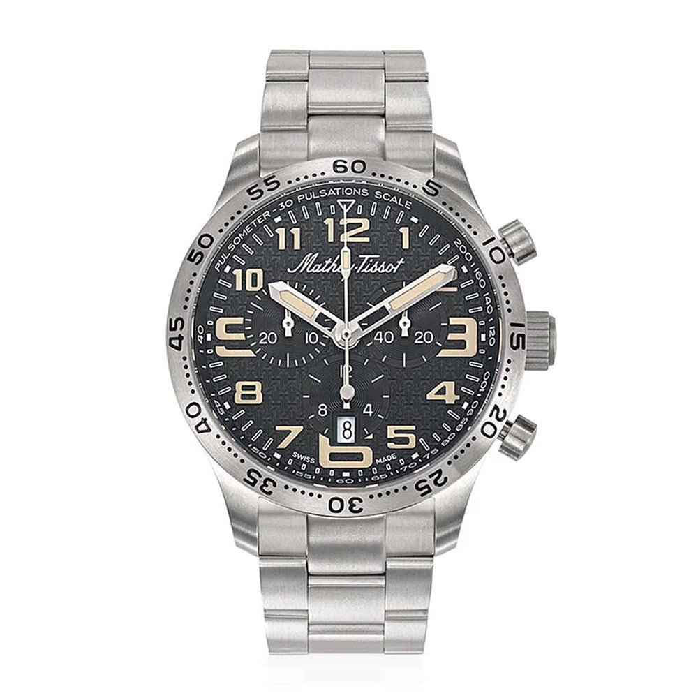 MATHEY TISSOT Type 21 Titanium Swiss Ronda 5030D Quartz Movt. 5ATM WR Black - Cream Dial - Silver Case Mens Watch with Silver Titanium Strap