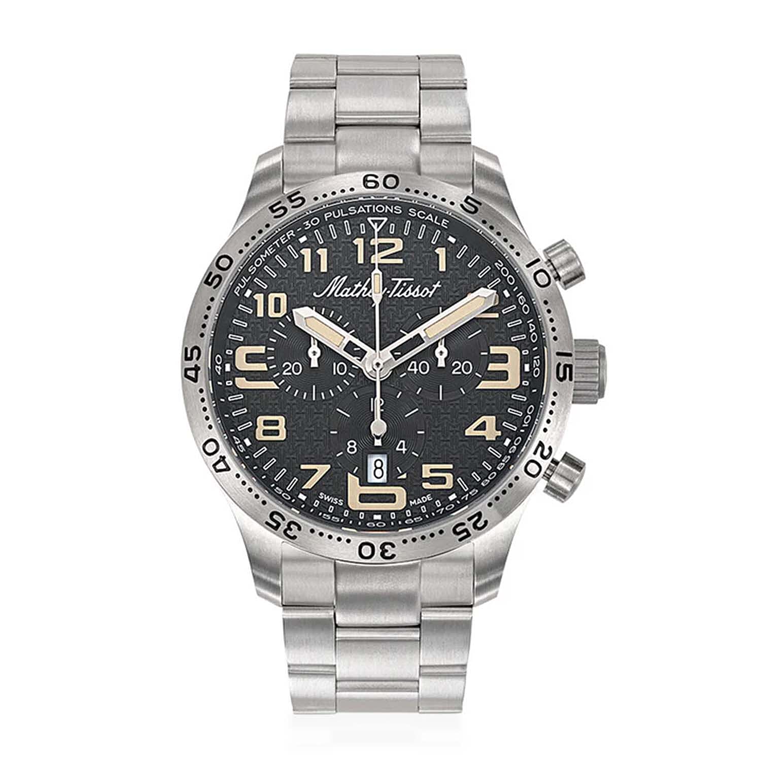 MATHEY TISSOT Type 21 Titanium Swiss Ronda 5030D Quartz Movt. 5ATM WR Black - Cream Dial - Silver Case Mens Watch with Silver Titanium Strap