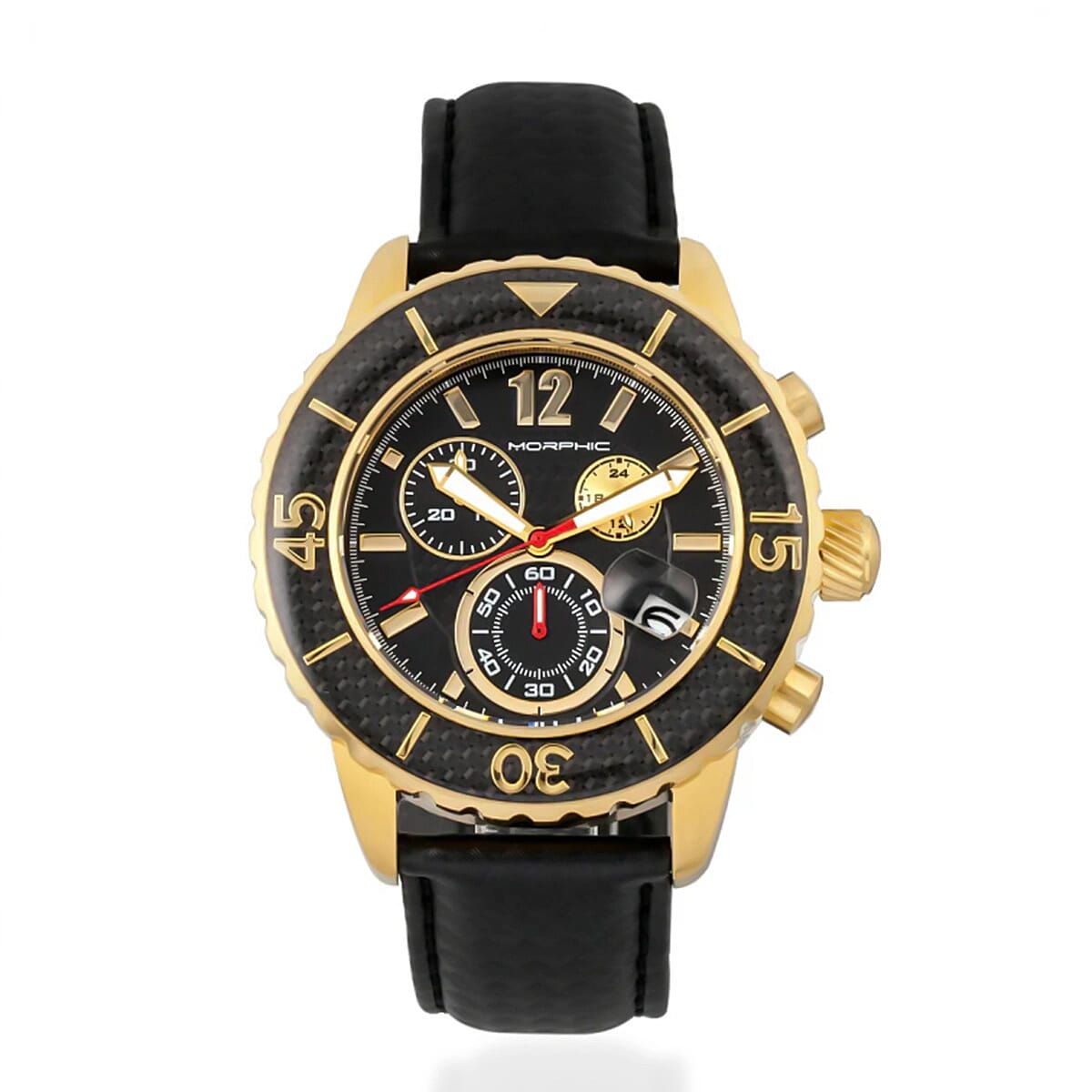 MORPHIC M51 Series Japanese Quartz Movt. 10ATM Water Resistant Black Dial Mens Watch with Black Colour Leather Strap and Silver-Tone Case