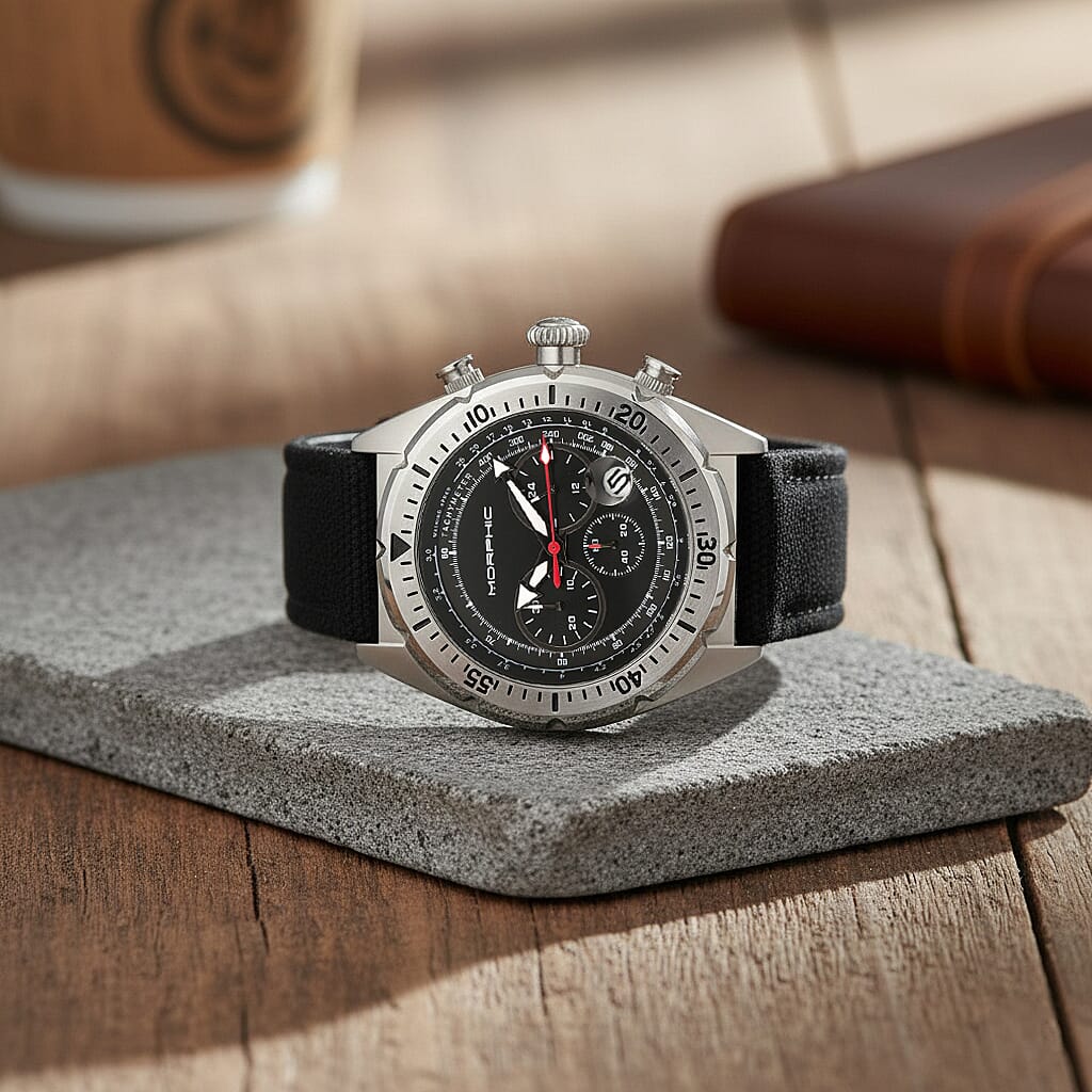 MORPHIC M53 Series Japanese Quartz Movt. 5ATM Water Resistant Black Dial Mens Watch with Black Colour Leather Strap and Silver-Tone Case