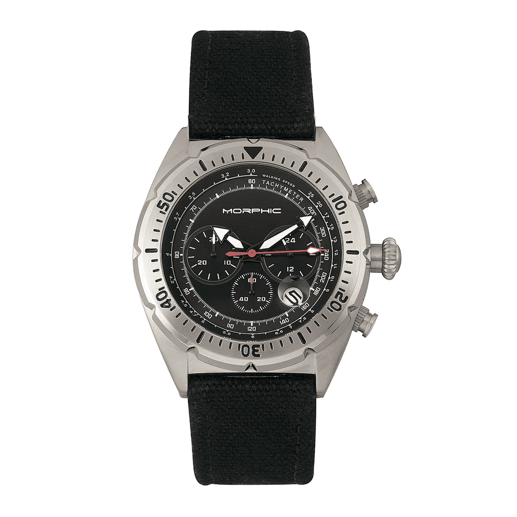 MORPHIC M53 Series Japanese Quartz Movt. 5ATM Water Resistant Black Dial Mens Watch with Black Colour Leather Strap and Silver-Tone Case