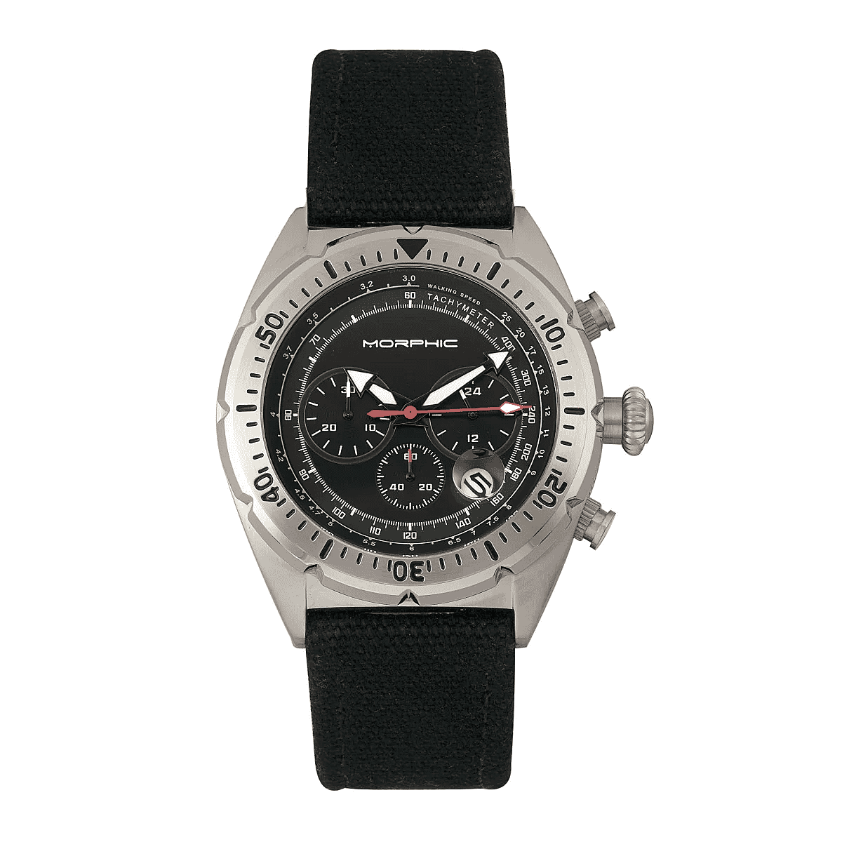 MORPHIC M53 Series Japanese Quartz Movt. 5ATM Water Resistant Black Dial Mens Watch with Black Colour Leather Strap and Silver-Tone Case