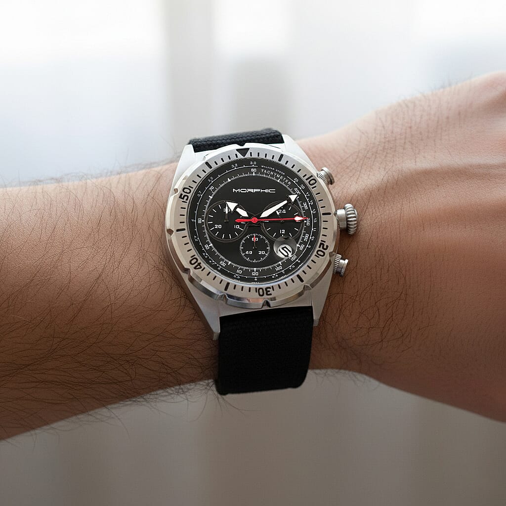 MORPHIC M53 Series Japanese Quartz Movt. 5ATM Water Resistant Black Dial Mens Watch with Black Colour Leather Strap and Silver-Tone Case