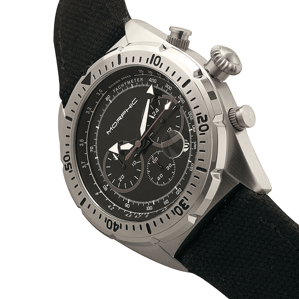 MORPHIC M53 Series Japanese Quartz Movt. 5ATM Water Resistant Black Dial Mens Watch with Black Colour Leather Strap and Silver-Tone Case