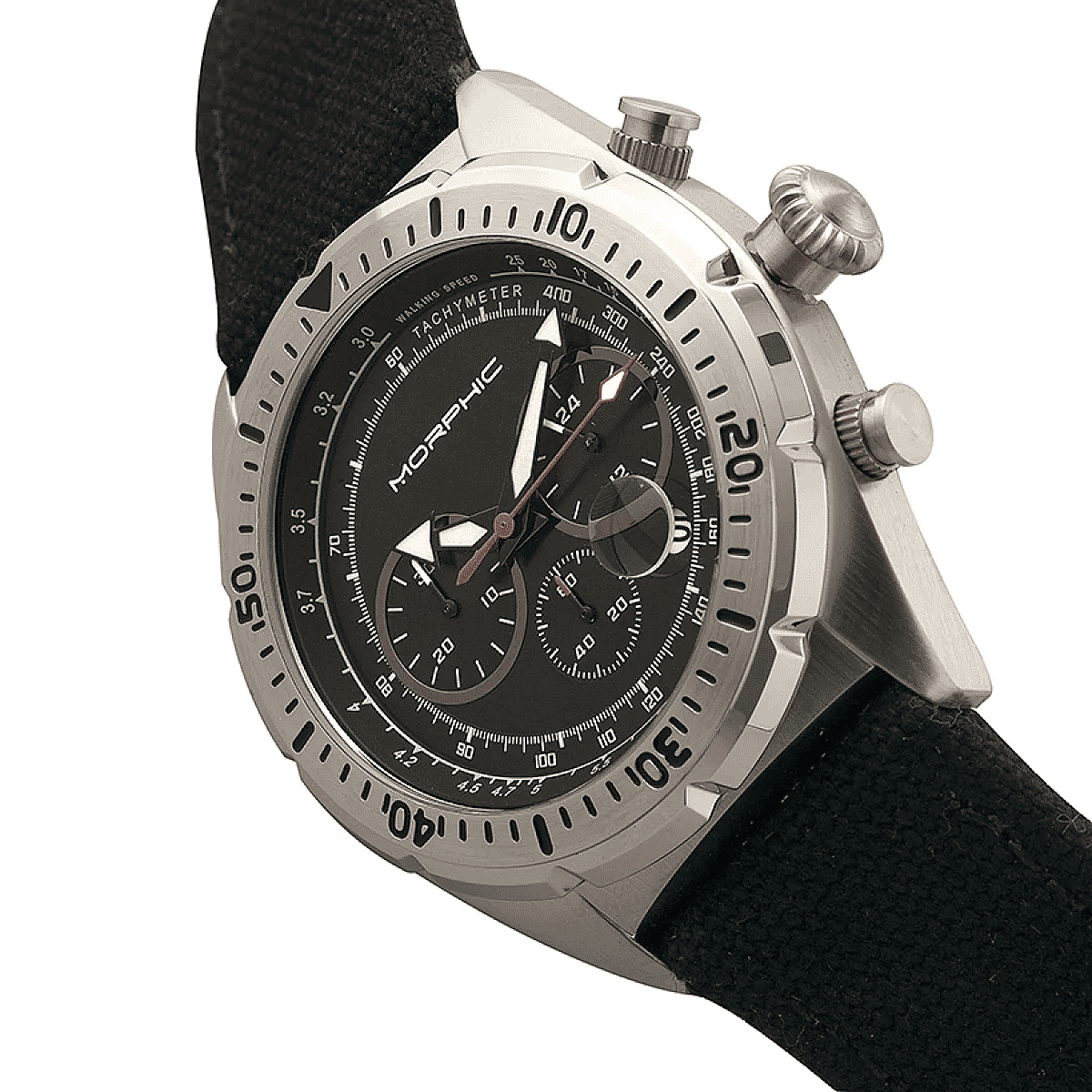 MORPHIC M53 Series Japanese Quartz Movt. 5ATM Water Resistant Black Dial Mens Watch with Black Colour Leather Strap and Silver-Tone Case
