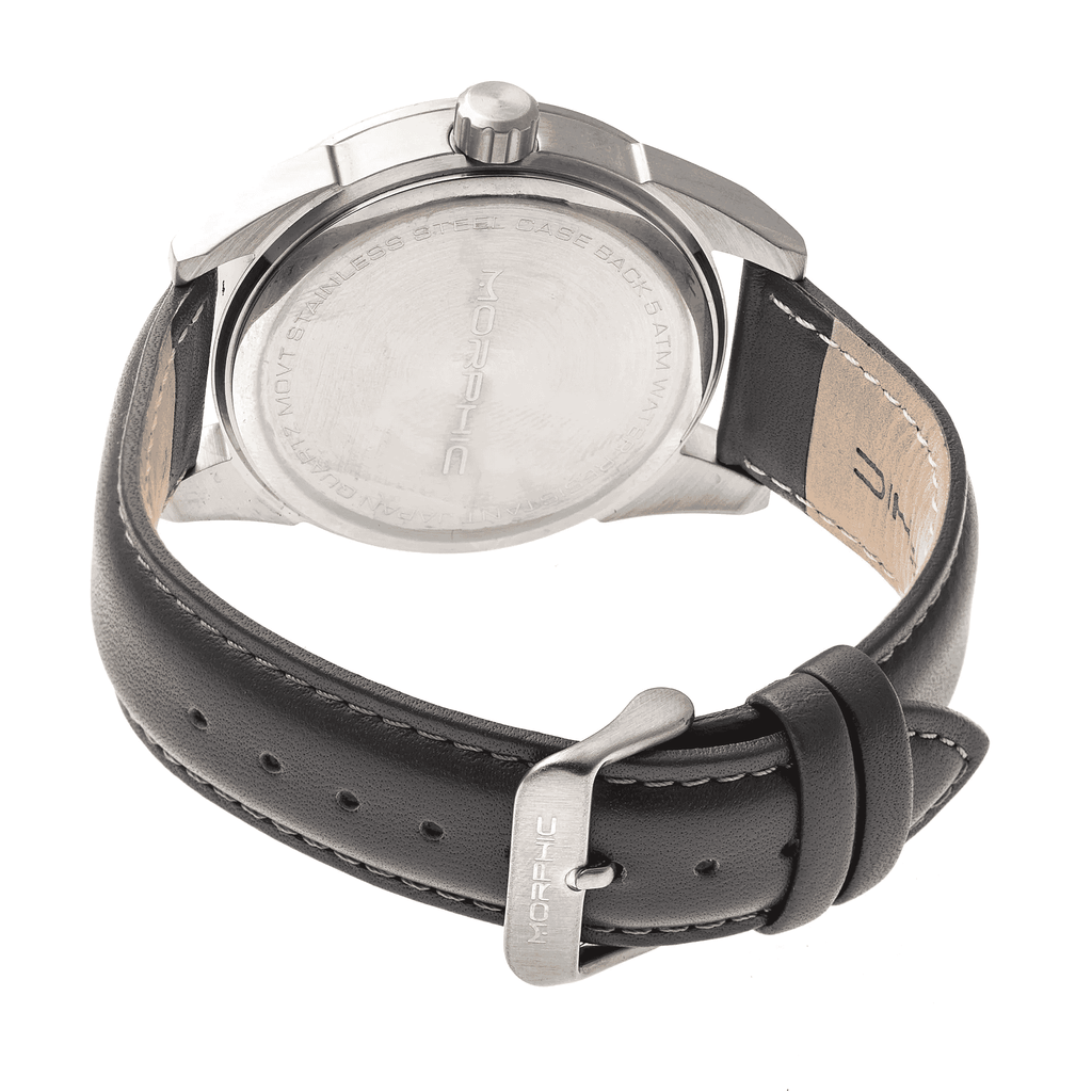 MORPHIC M63 Series Japanese Quartz Movt. 5ATM Water Resistant Black Dial Mens Watch with Black Colour Leather Strap and Silver-Tone Case