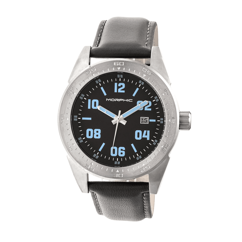 MORPHIC M63 Series Japanese Quartz Movt. 5ATM Water Resistant Black Dial Mens Watch with Black Colour Leather Strap and Silver-Tone Case