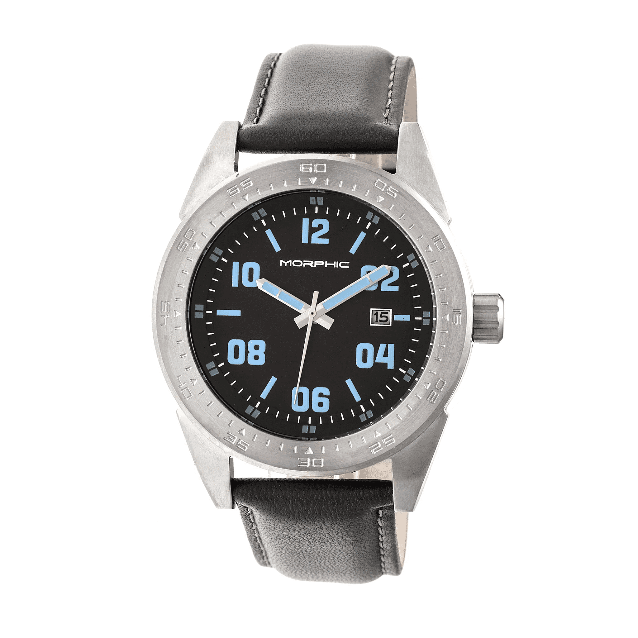 MORPHIC M63 Series Japanese Quartz Movt. 5ATM Water Resistant Black Dial Mens Watch with Black Colour Leather Strap and Silver-Tone Case