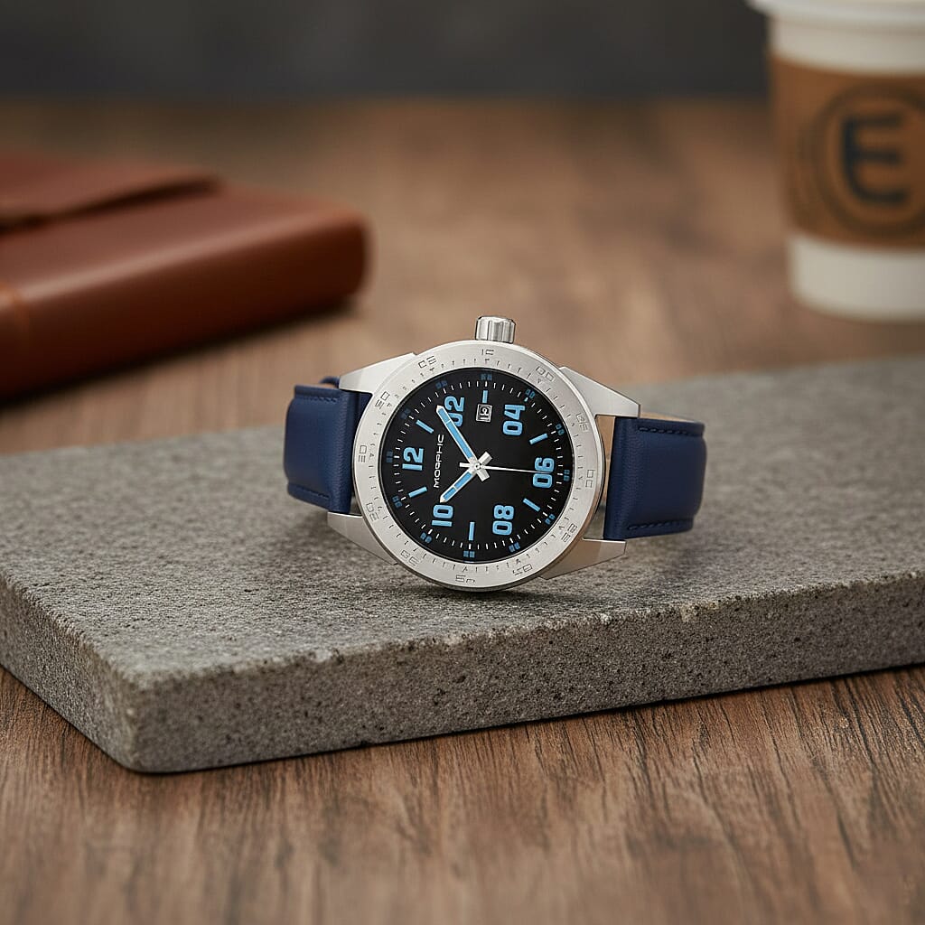 MORPHIC M63 Series Japanese Quartz Movt. 5ATM Water Resistant Black Dial Mens Watch with Black Colour Leather Strap and Silver-Tone Case