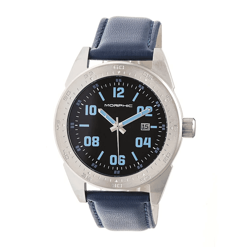 MORPHIC M63 Series Japanese Quartz Movt. 5ATM Water Resistant Black Dial Mens Watch with Black Colour Leather Strap and Silver-Tone Case