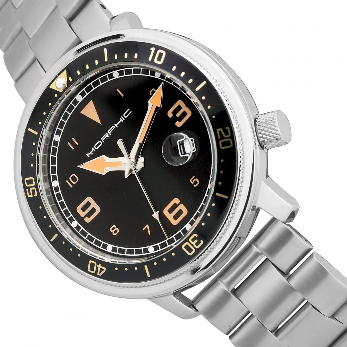 MORPHIC M74 Series Japanese Quartz Movt. 5ATM Water Resistant Black Dial Mens Watch with Silver Colour Stainless Steel Strap