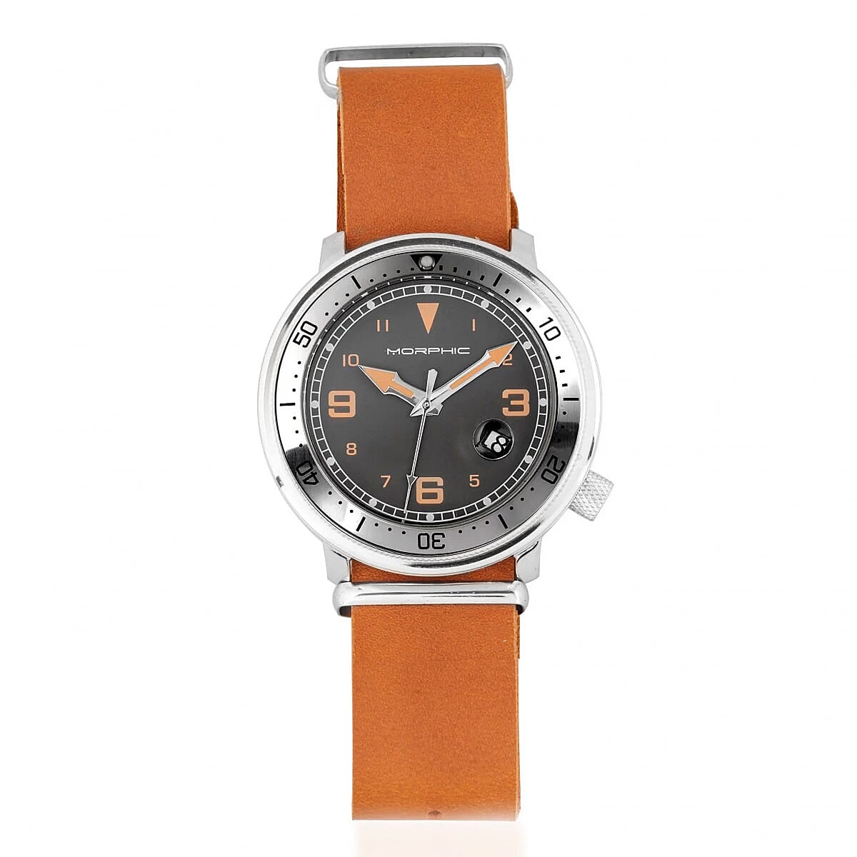 MORPHIC M74 Series Japanese Quartz Movt. 5ATM Water Resistant Grey Dial Mens Watch with Brown Colour Leather Strap and Silver-Tone Case