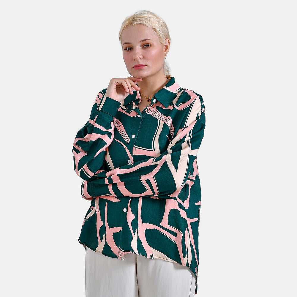 - Maisi Abstract Pattern Relaxed Fit Shirt (Size L-XL) - Green - Pink