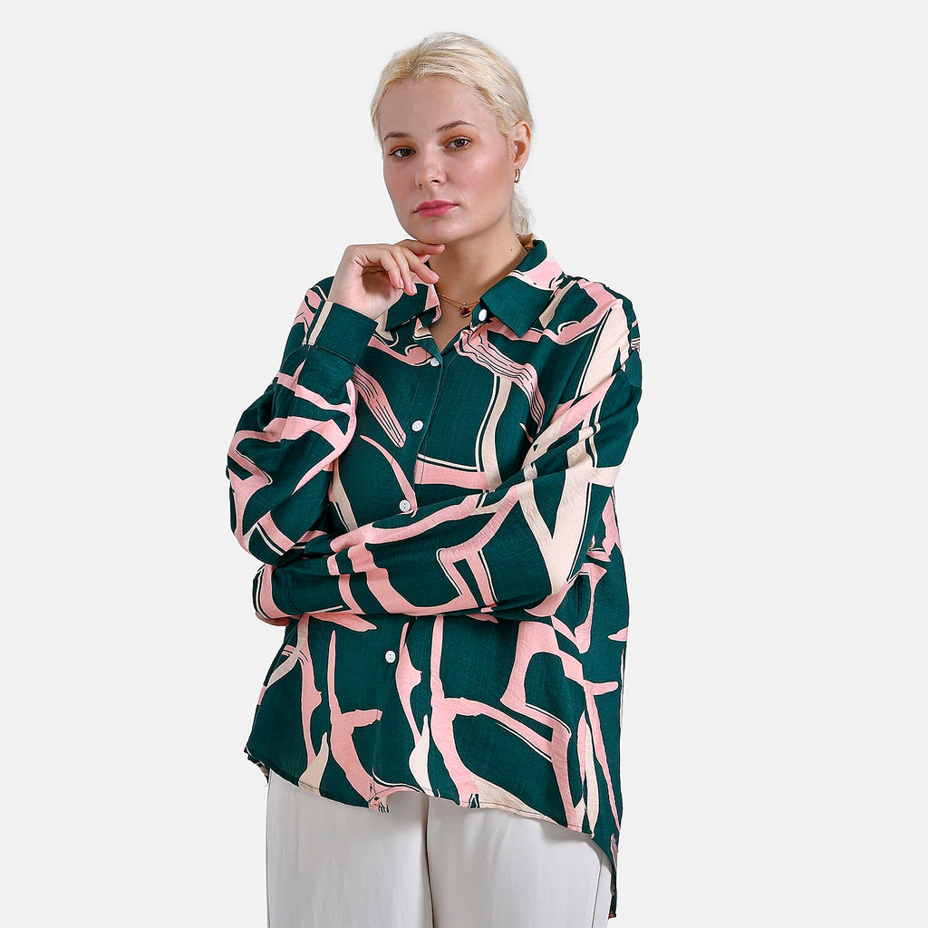 - Maisi Abstract Pattern Relaxed Fit Shirt (Size L-XL) - Green - Pink