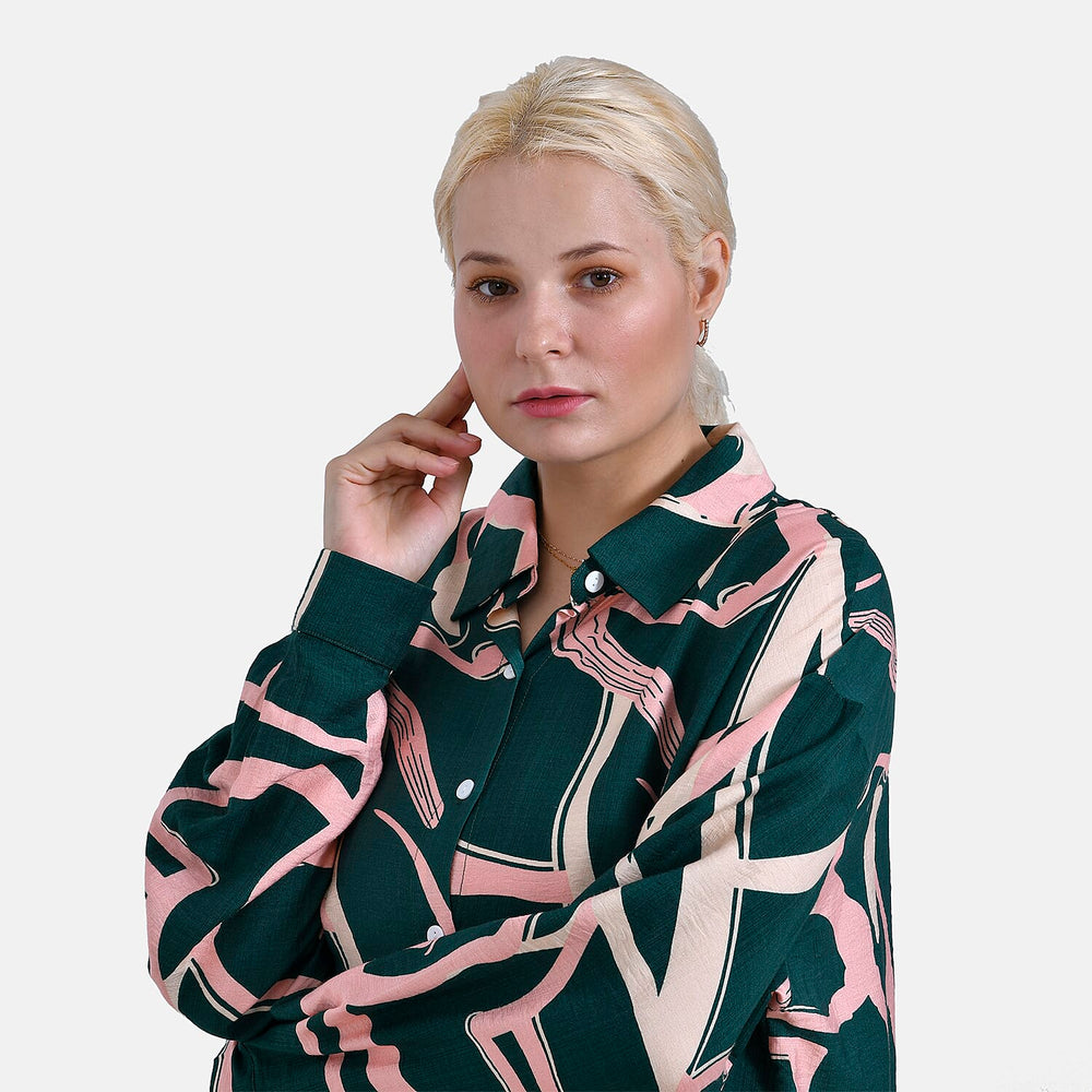 - Maisi Abstract Pattern Relaxed Fit Shirt (Size L-XL) - Green - Pink