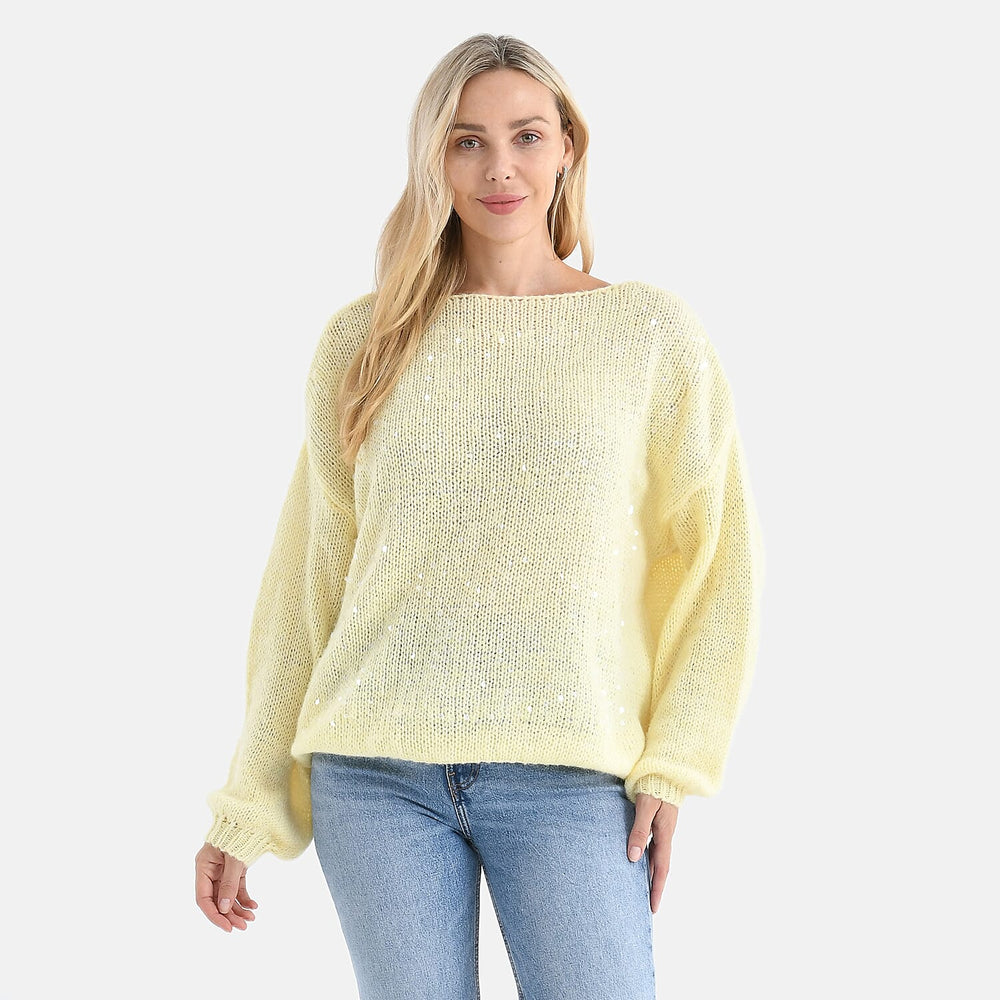- Maisi Sequined Boatneck Relaxed Knitted Jumper with Balloon Sleeves (One size 8 to 20) - Lemon Yellow
