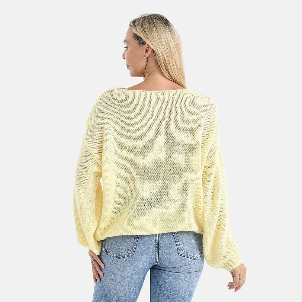 - Maisi Sequined Boatneck Relaxed Knitted Jumper with Balloon Sleeves (One size 8 to 20) - Lemon Yellow