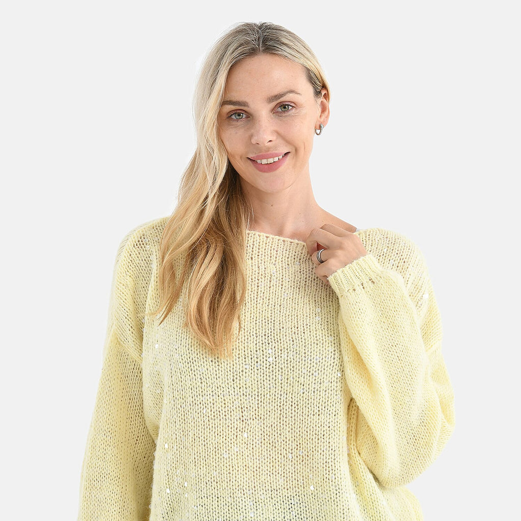 - Maisi Sequined Boatneck Relaxed Knitted Jumper with Balloon Sleeves (One size 8 to 20) - Lemon Yellow