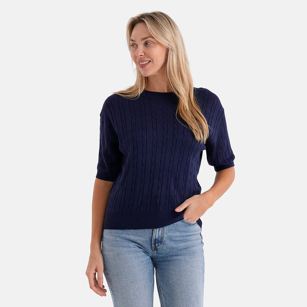 - Maisi Lightweight Cable Knit Half-Sleeve Jumper (Size L) - Navy
