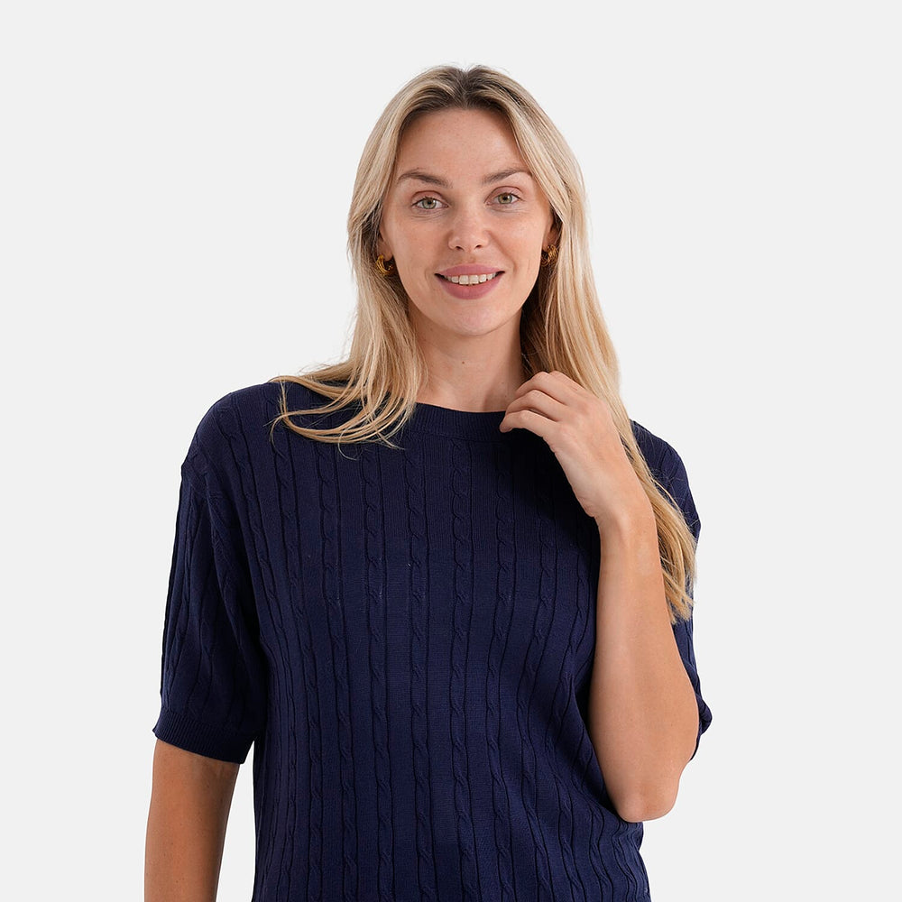 - Maisi Lightweight Cable Knit Half-Sleeve Jumper (Size L) - Navy