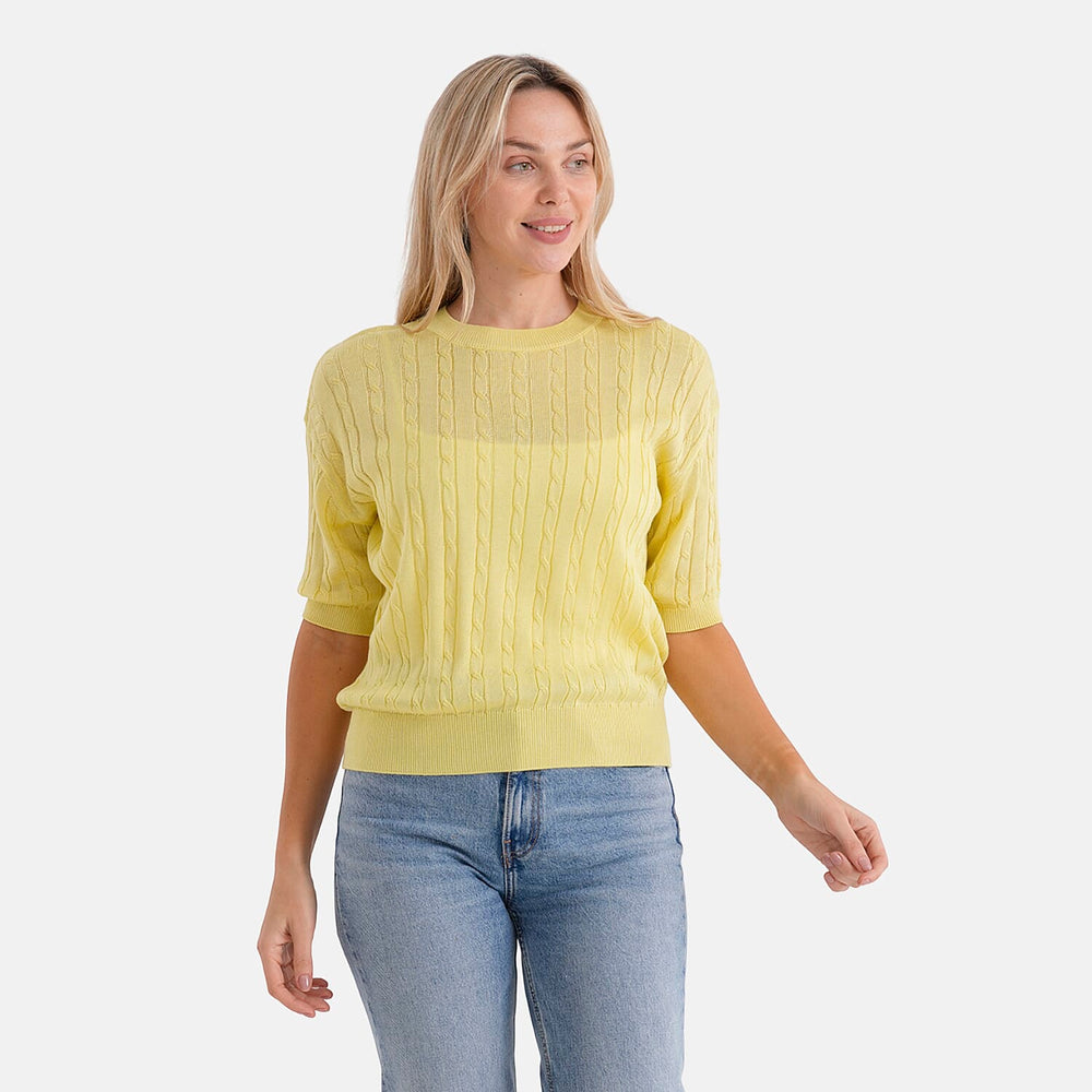 - Maisi Lightweight Cable Knit Half-Sleeve Jumper (Size L) - Yellow