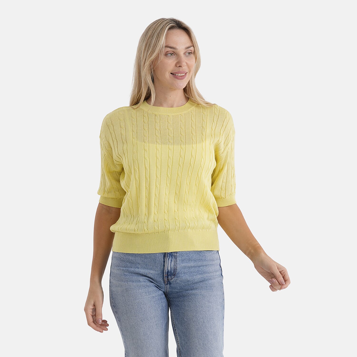 - Maisi Lightweight Cable Knit Half-Sleeve Jumper (Size L) - Yellow