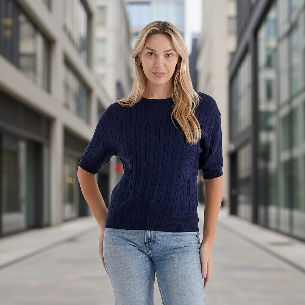 - Maisi Lightweight Cable Knit Half-Sleeve Jumper (Size M) - Navy