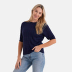 - Maisi Lightweight Cable Knit Half-Sleeve Jumper (Size M) - Navy