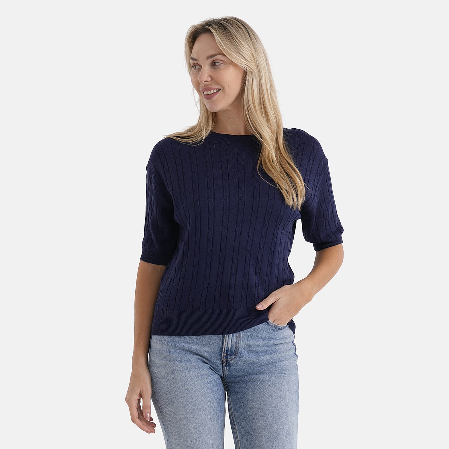 - Maisi Lightweight Cable Knit Half-Sleeve Jumper (Size M) - Navy