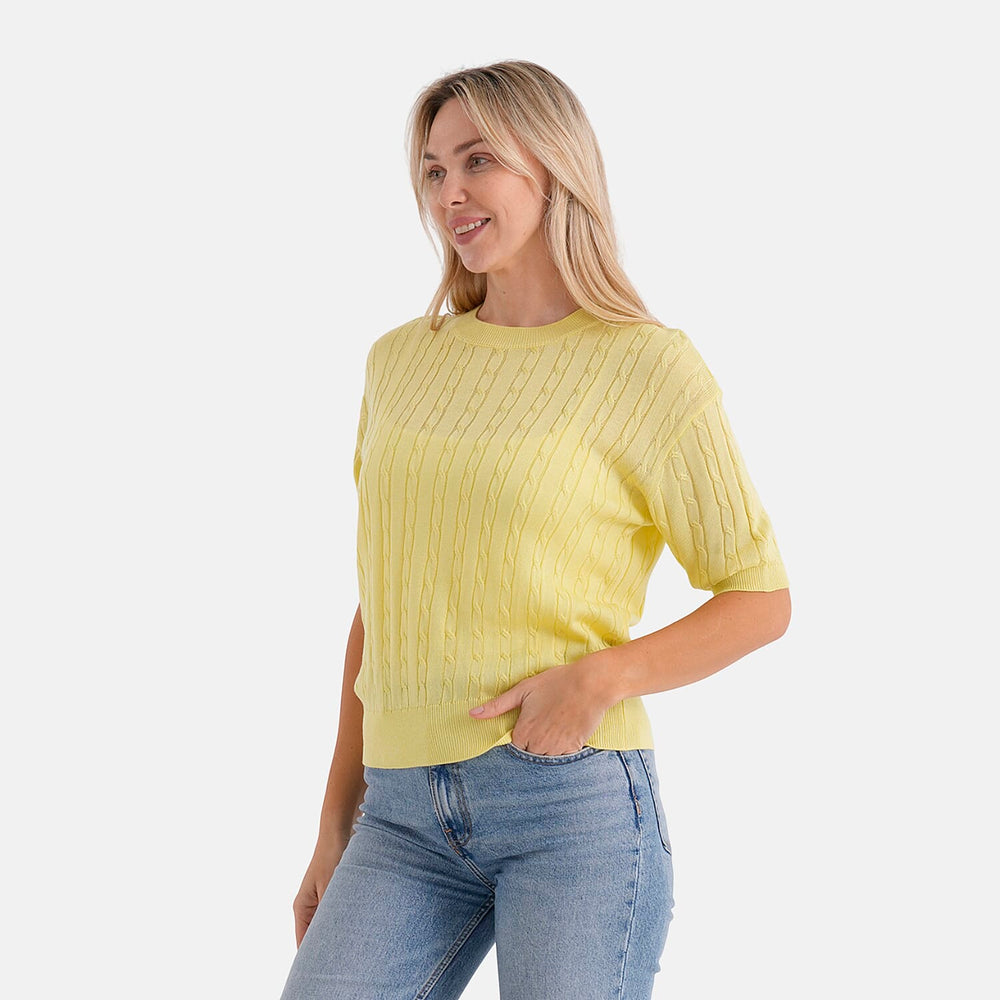 - Maisi Lightweight Cable Knit Half-Sleeve Jumper (Size M) - Yellow