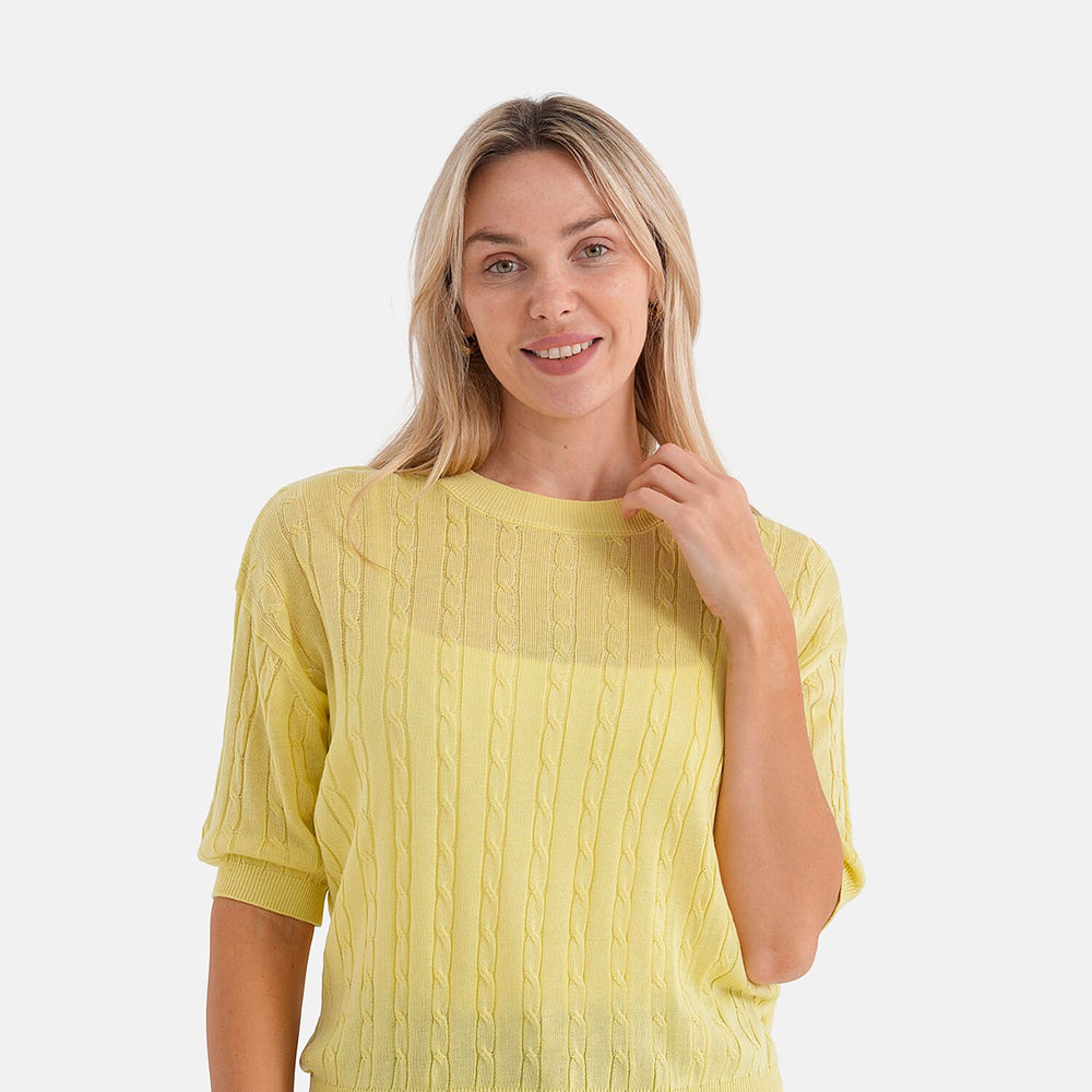 - Maisi Lightweight Cable Knit Half-Sleeve Jumper (Size M) - Yellow