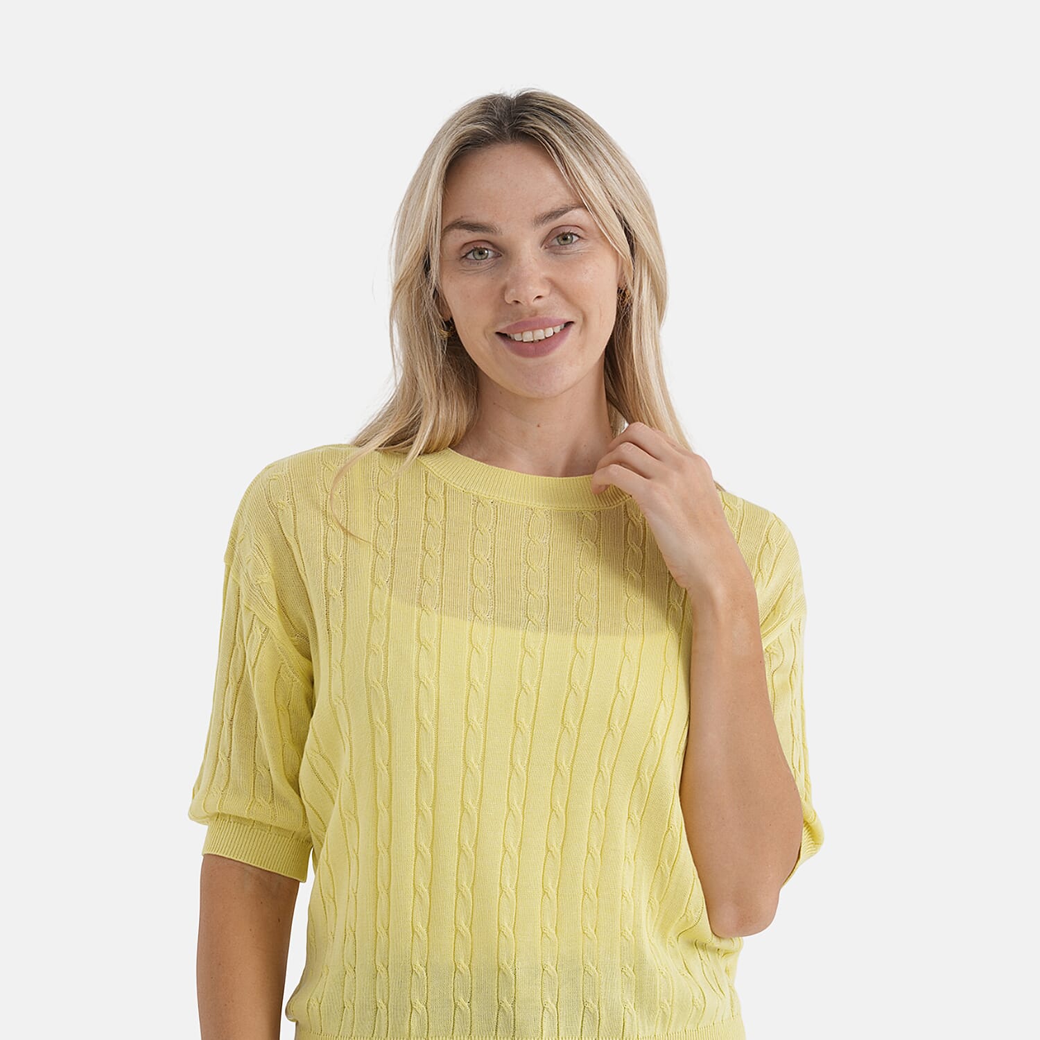 - Maisi Lightweight Cable Knit Half-Sleeve Jumper (Size M) - Yellow