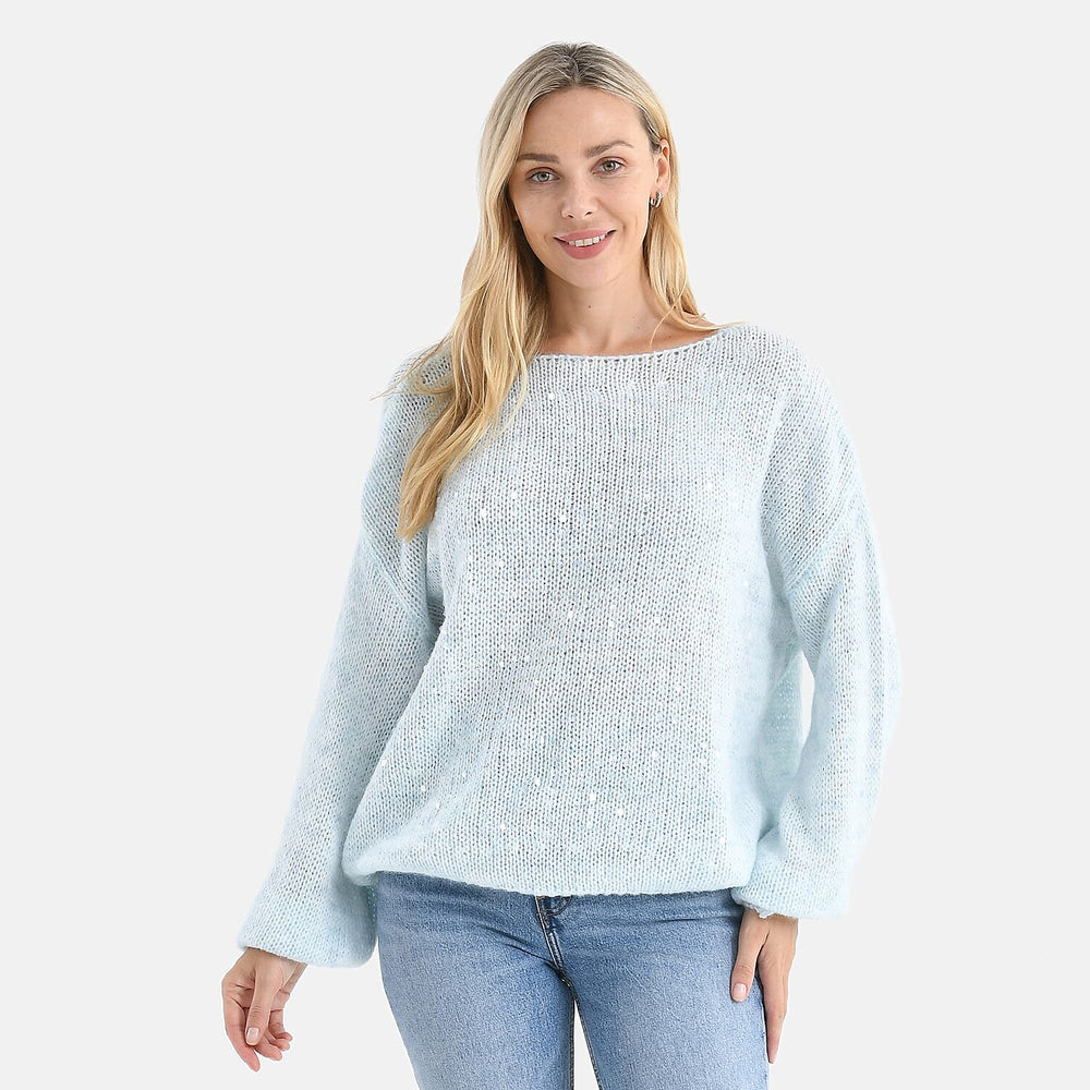 - Maisi Sequined Boatneck Relaxed Knitted Jumper with Balloon Sleeves (One Size 8 to 20) - Blue