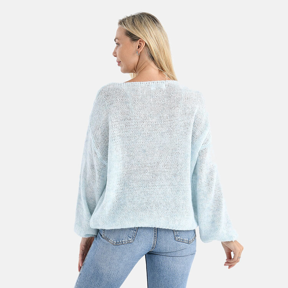 - Maisi Sequined Boatneck Relaxed Knitted Jumper with Balloon Sleeves (One Size 8 to 20) - Blue
