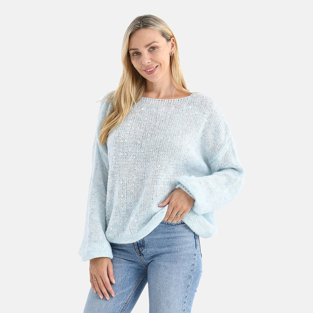 - Maisi Sequined Boatneck Relaxed Knitted Jumper with Balloon Sleeves (One Size 8 to 20) - Blue