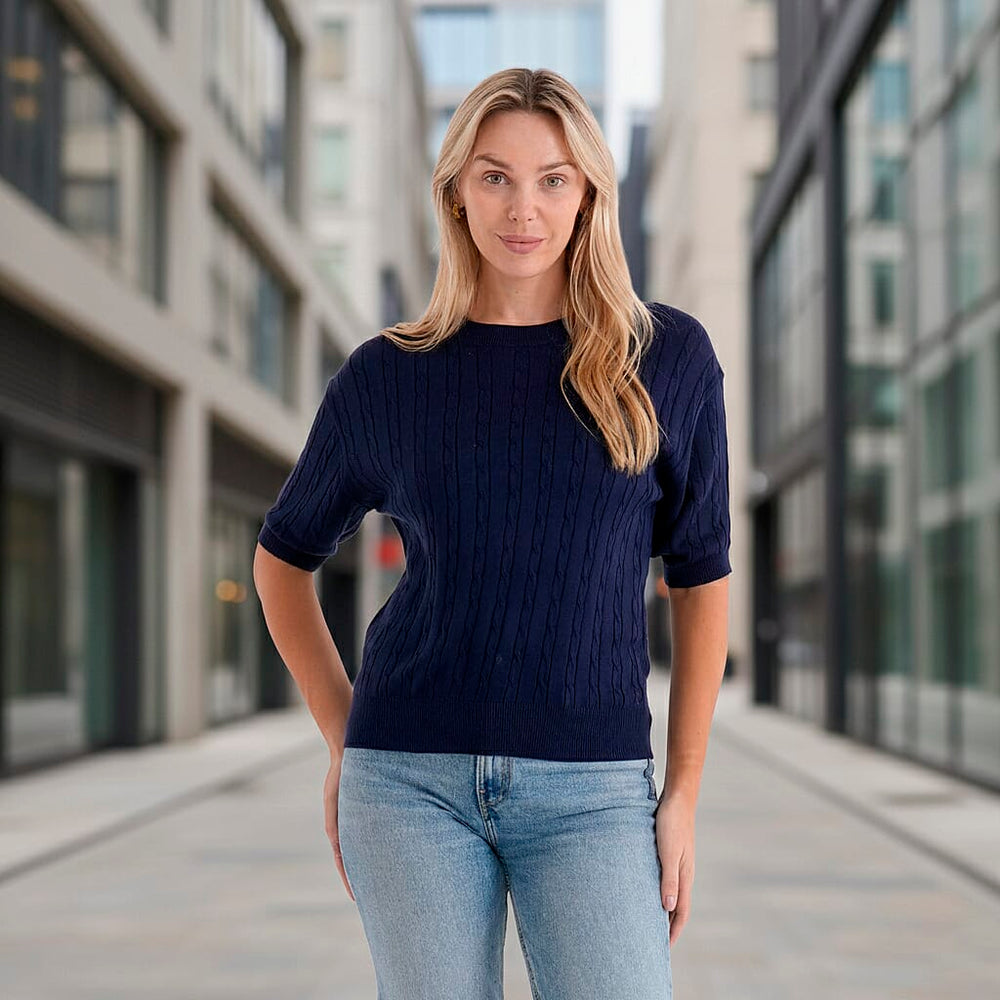 - Maisi Lightweight Cable Knit Half-Sleeve Jumper (Size S) - Navy