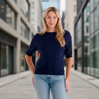 - Maisi Lightweight Cable Knit Half-Sleeve Jumper (Size S) - Navy