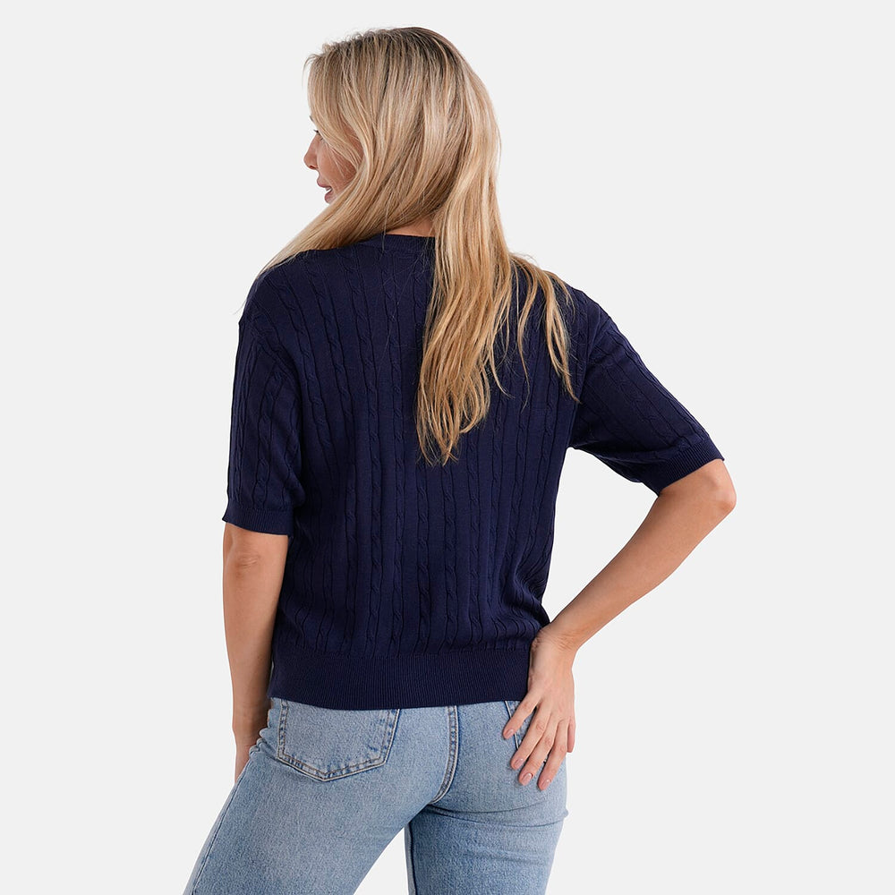 - Maisi Lightweight Cable Knit Half-Sleeve Jumper (Size S) - Navy