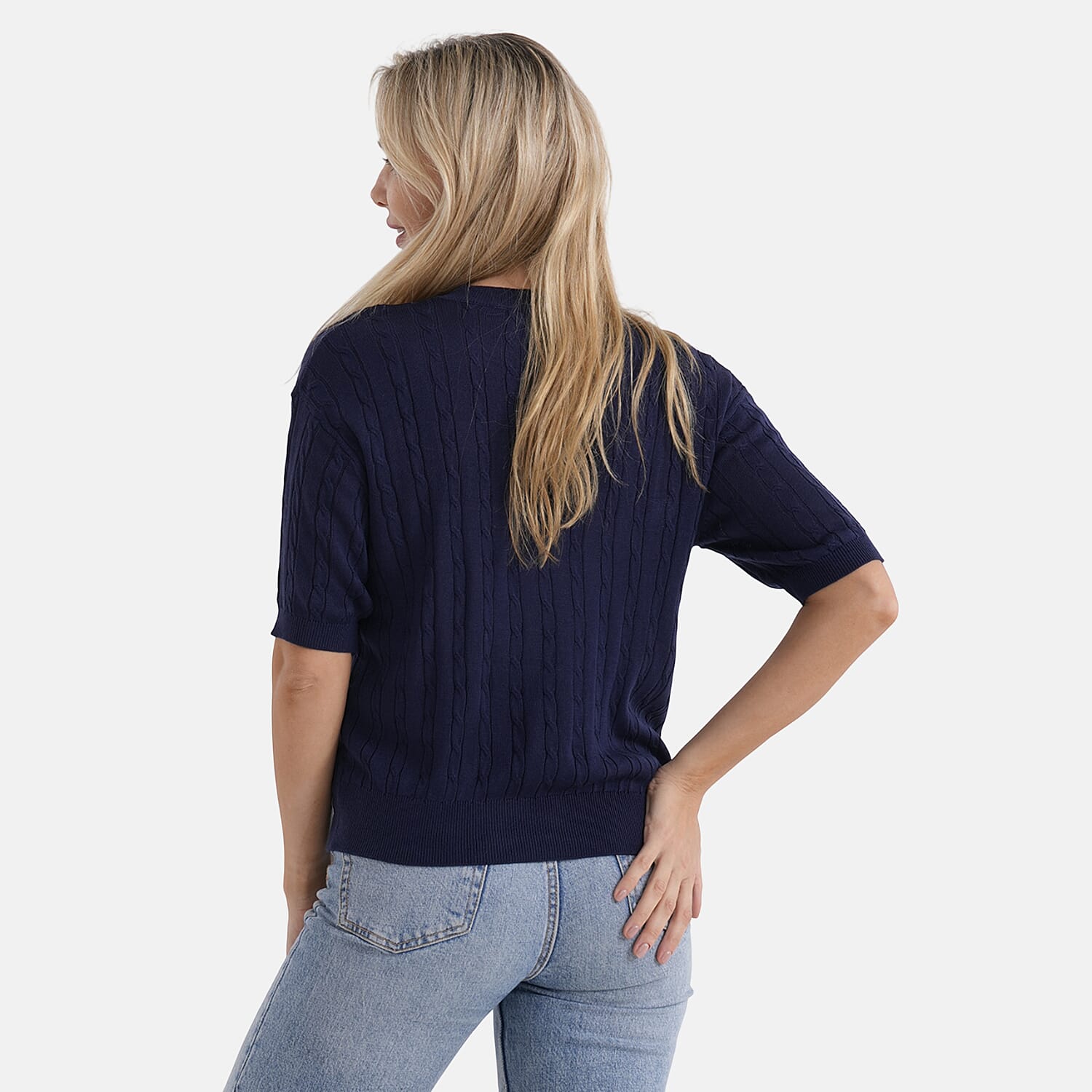 - Maisi Lightweight Cable Knit Half-Sleeve Jumper (Size S) - Navy