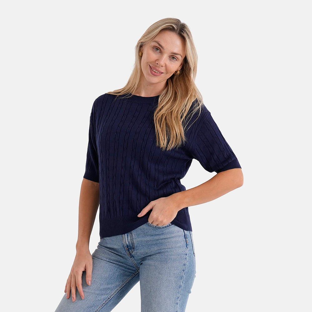 - Maisi Lightweight Cable Knit Half-Sleeve Jumper (Size S) - Navy