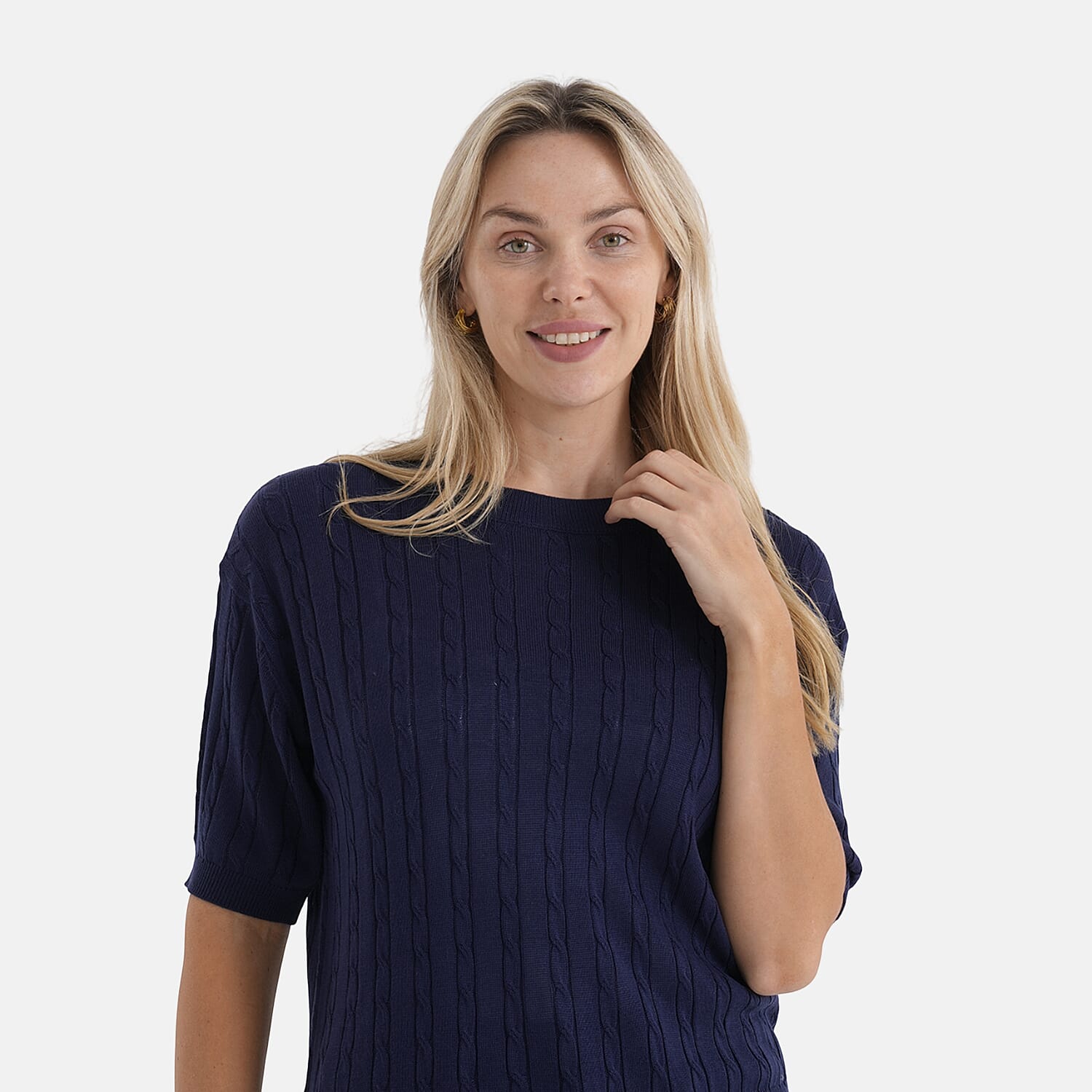 - Maisi Lightweight Cable Knit Half-Sleeve Jumper (Size S) - Navy