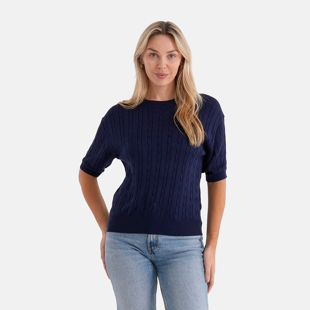 - Maisi Lightweight Cable Knit Half-Sleeve Jumper (Size XL) - Navy