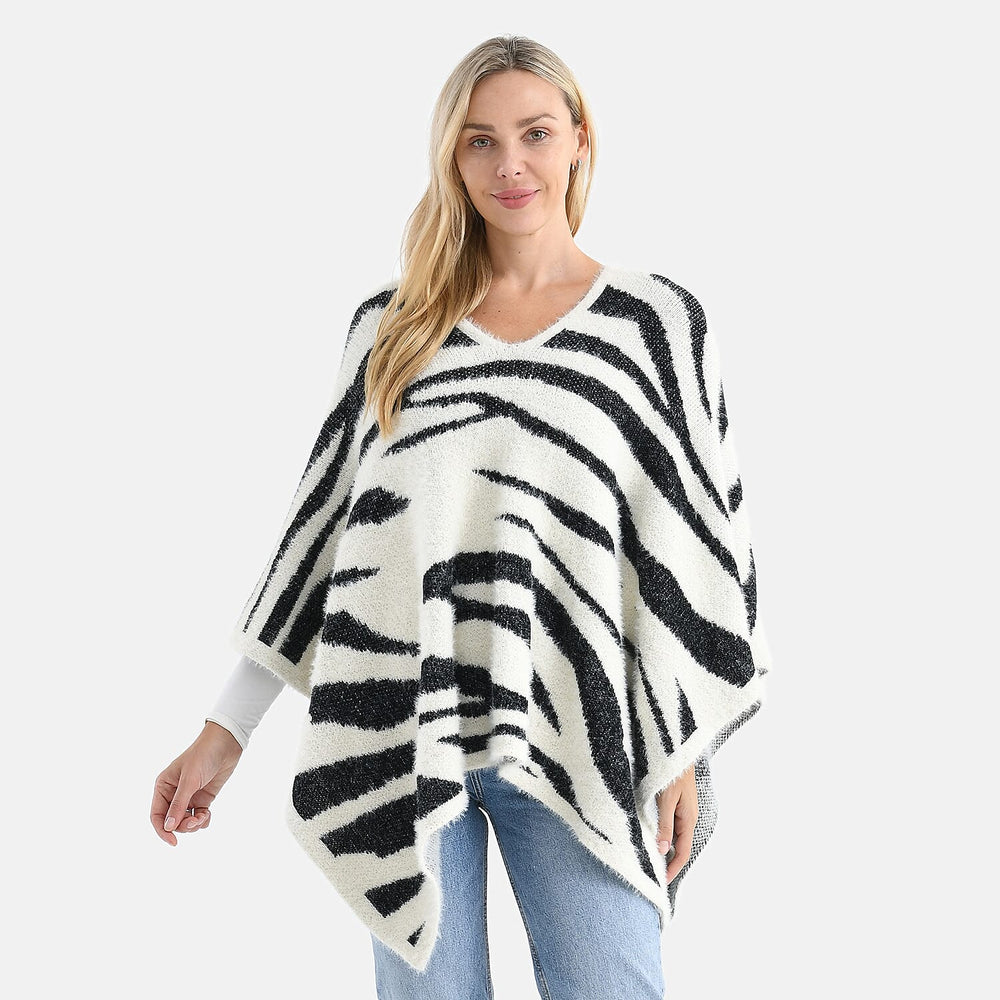 - Maisi Zebra Stripe Knitted Poncho (One Size) - White - Black