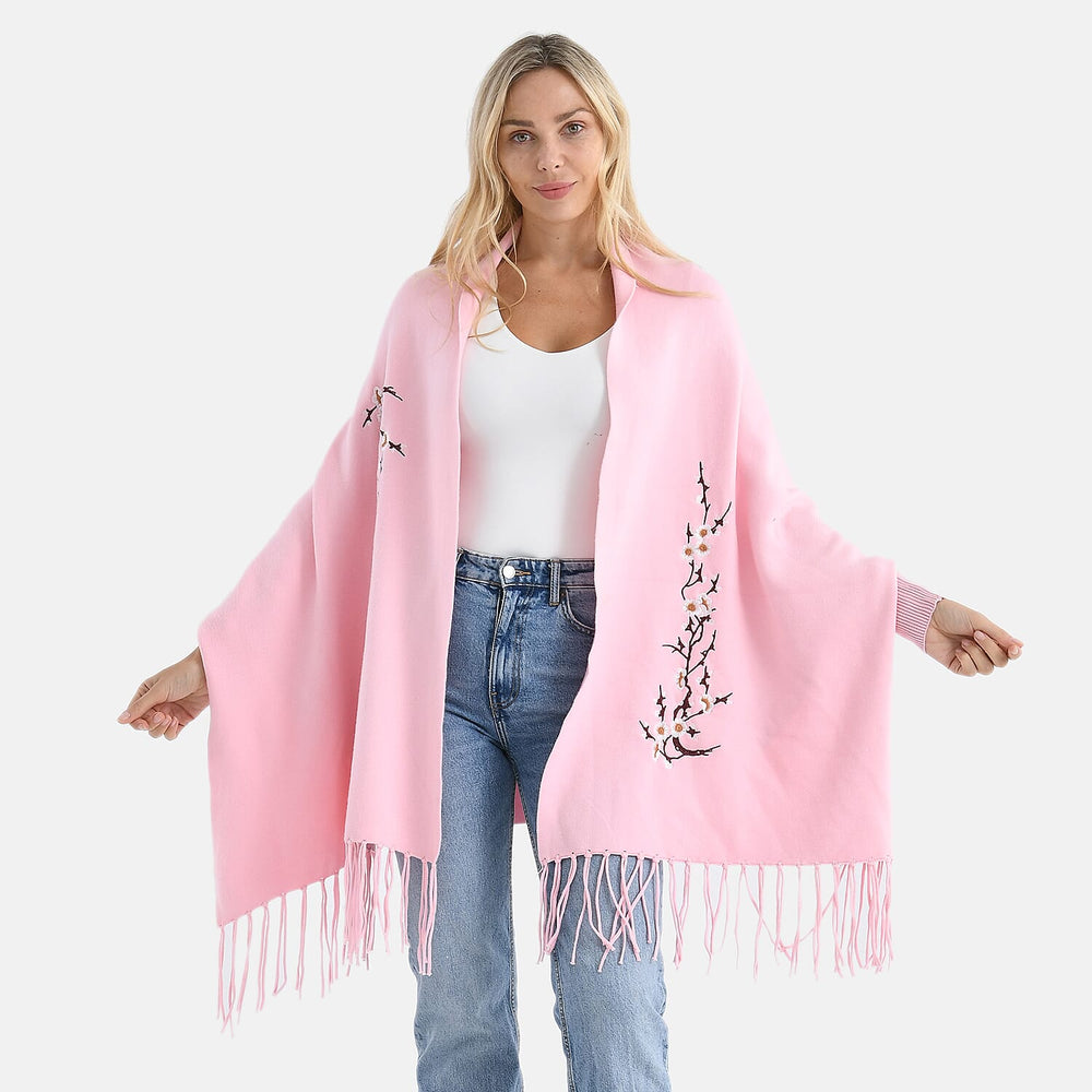 - Maisi Embroidered Tassel Batwing Sleeve Relaxed Drape Cape (One Size) - Pink