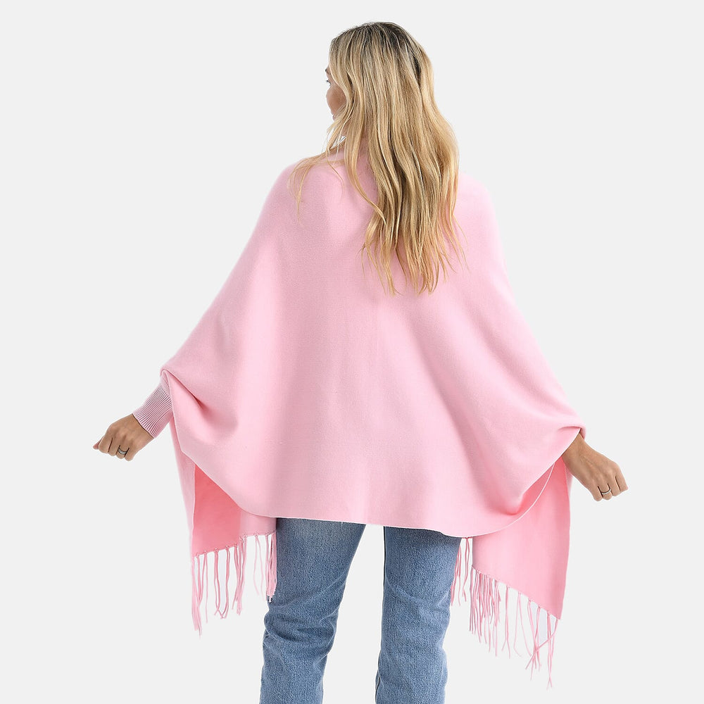 - Maisi Embroidered Tassel Batwing Sleeve Relaxed Drape Cape (One Size) - Pink