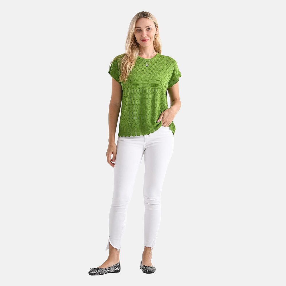 - Maisi Acrylic Knit Short Sleeve Casual Top (Size M) - Green