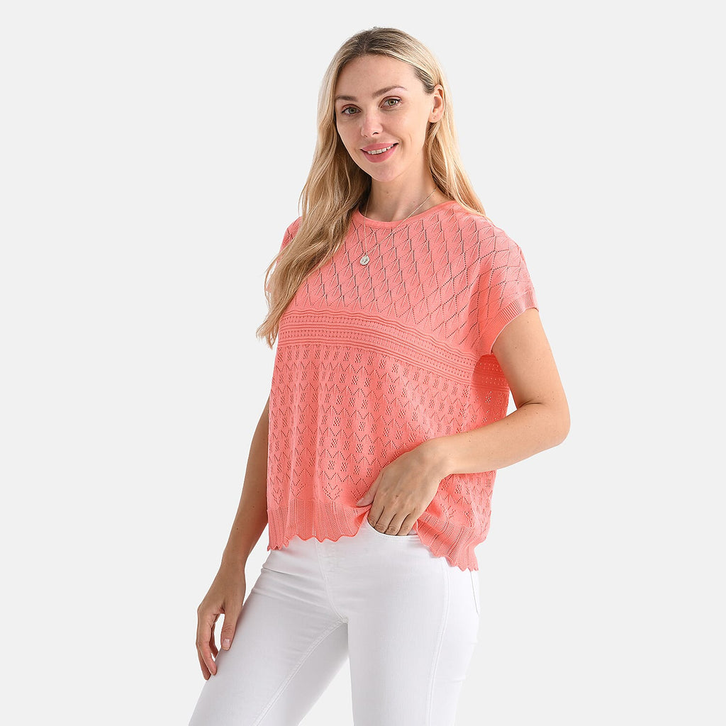 - Maisi Acrylic Knit Short Sleeve Casual Top (Size M) - Orange