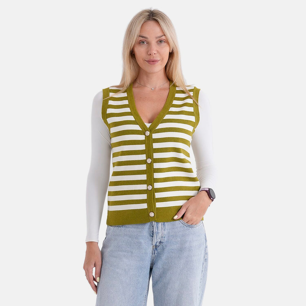 - Maisi Button Down Knitted Stripe Vest (Size 8 To 10) - Green - White